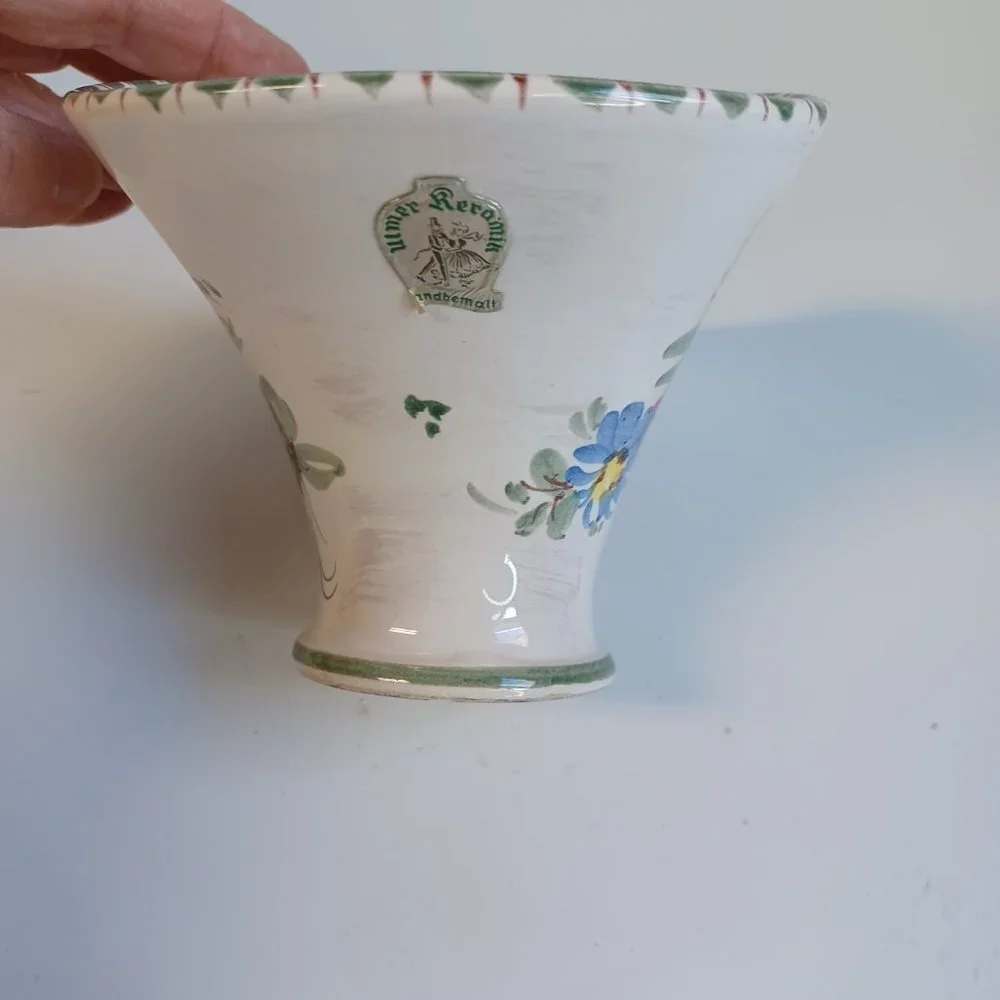 Vintage Ulmer Keramik Basket and Dish Hand Painted Floral Pottery Missing Handle